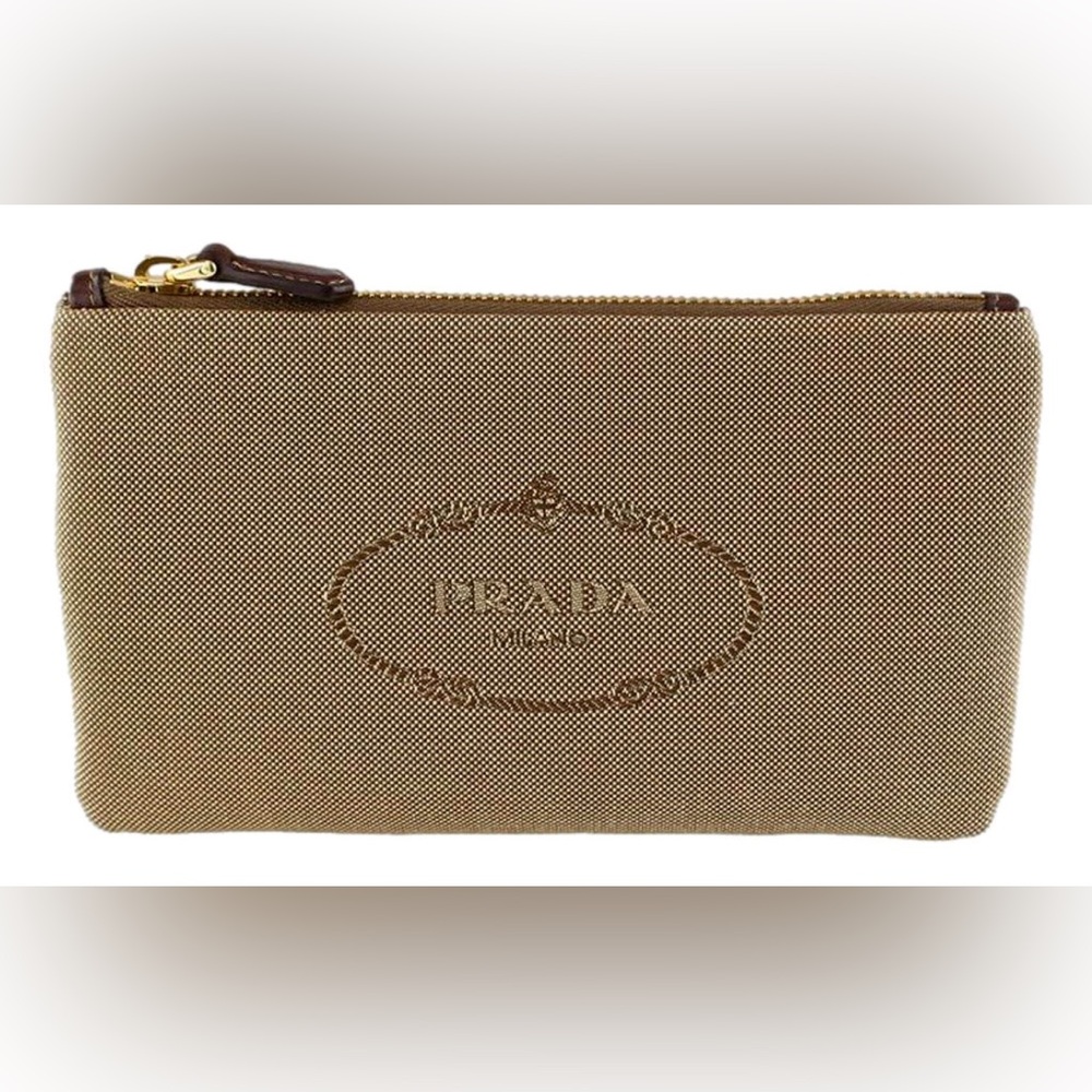Prada Logo Jacquard Beige Canvas Small Flat Pouch Clutch Bag